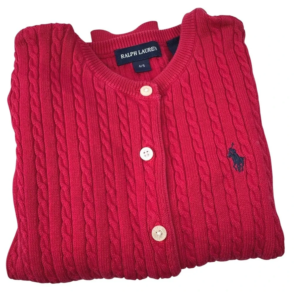 Ralph Lauren Cardigan Kids 4/5 Red Cable Knit Cotton Pony Sweater Preppy Classic
